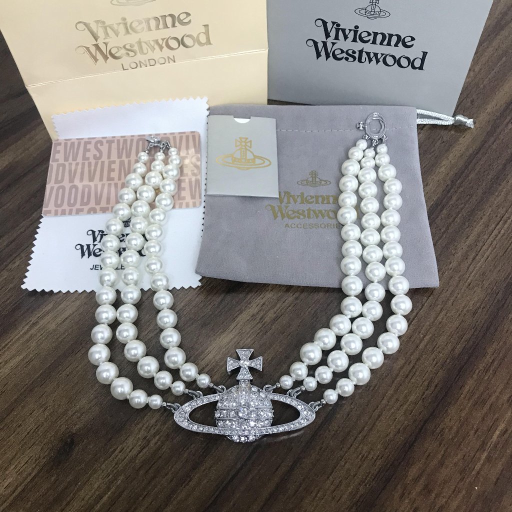 Vivienne Westwood Three Row Pearl Bas Relief Choker In Silver Brand New